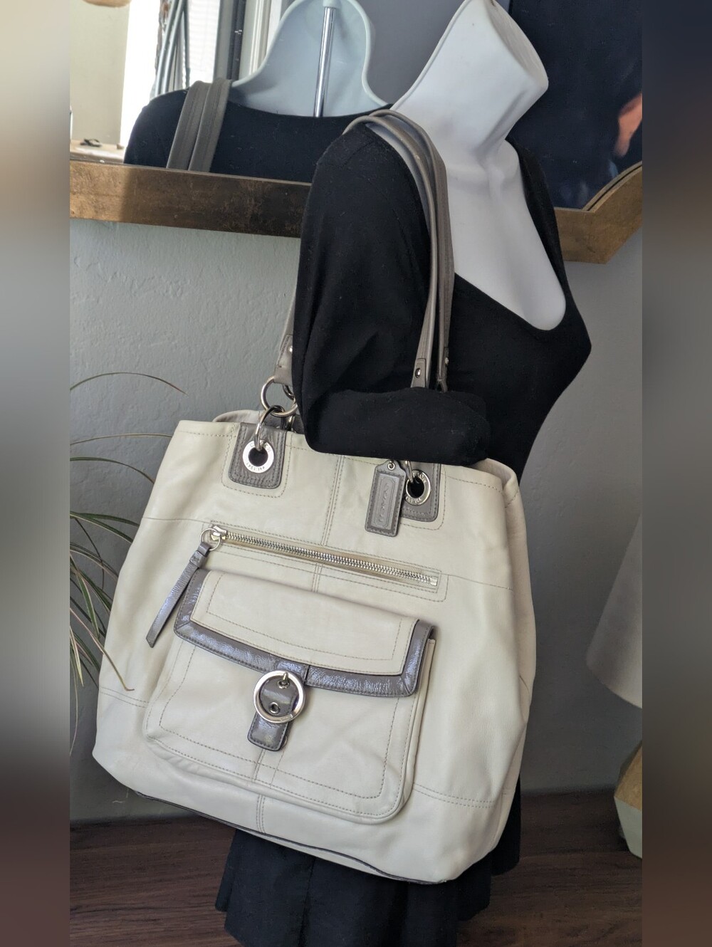Coach Penelope Ivory Cream Gray Leather Tote Bag.